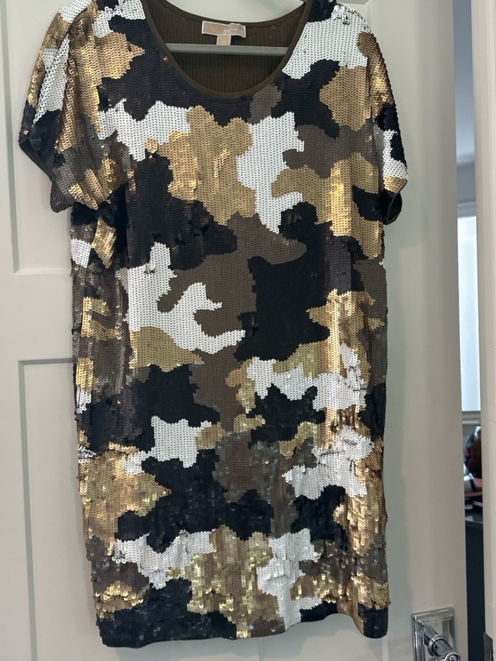 Michael Kors Gold, Black & White Sequin Camo Midi Dress